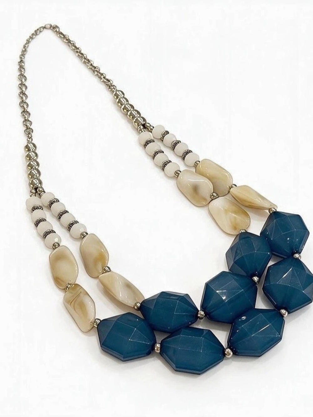 Teal Blue & Ivory Double Strand Statement Necklace